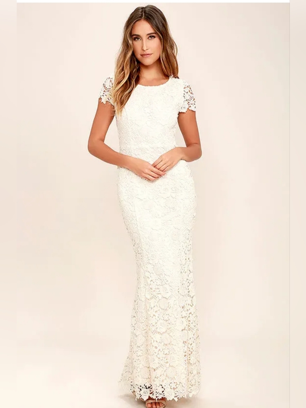 My Flare Lady Cream Lace Maxi Dress Large Crocheted Boho Elegant Chic EUC